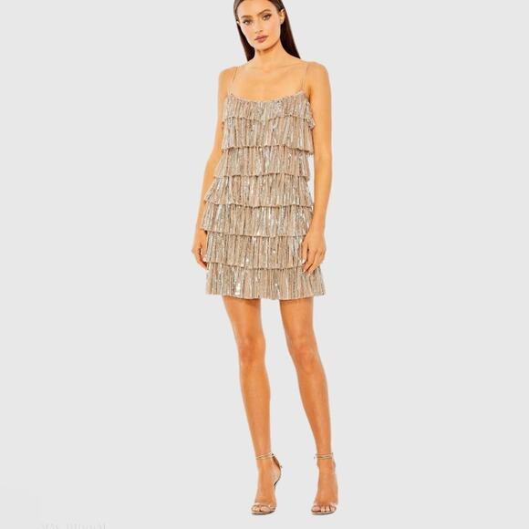 NEW MAC DUGGAL Silver Sequin Fringe Tiered Tank Ruffle Beige $698 Mini Dress 2 - Picture 5 of 13